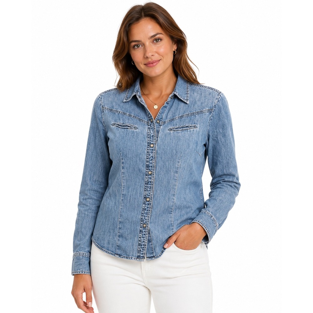 J.Crew Womens Light‎ Wash Denim Western Snap Front Shirt Small Cotton Blue